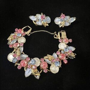 Vintage Juliana D&E Bracelet Earrings Set Pink Blue Opal Glass Rhinestone